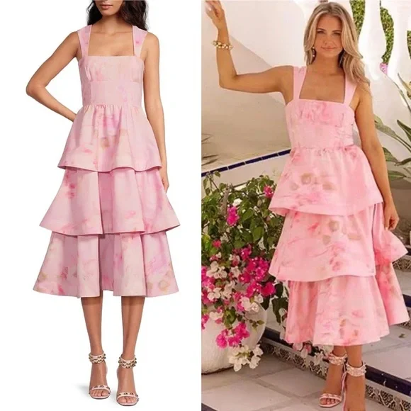 NWT Gianni Bini x Shea Leigh Mills Dolly Printed Sateen Tiered Midi Dress - Picture 2 of 15